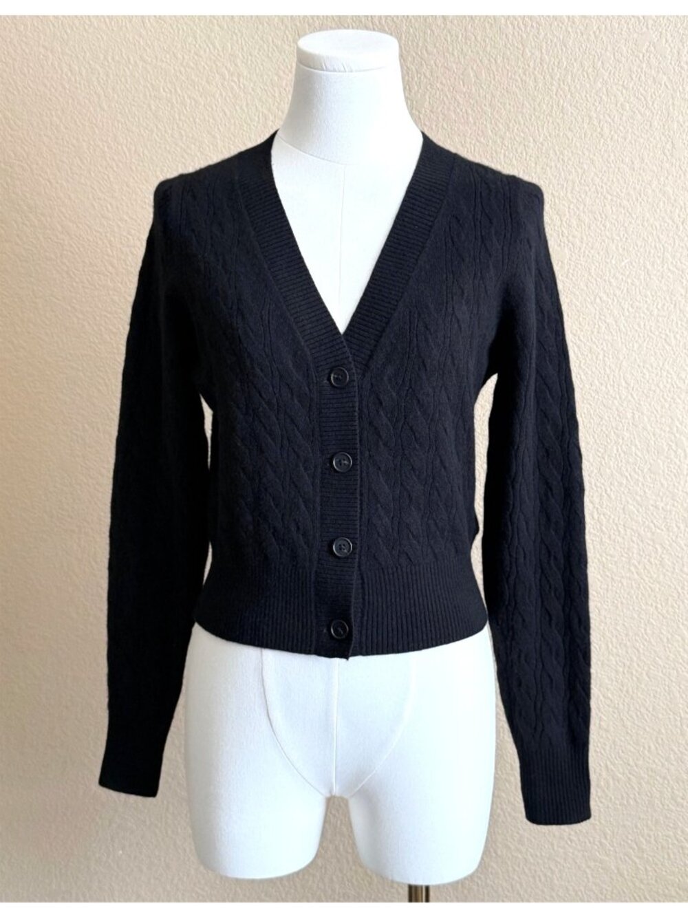 J. Crew Women's Cashmere Shrunken Cable Knit V Neck Cardigan Sweater Black
